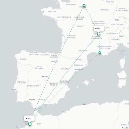 Lyon - Rabat kaart van rechtstreekse vlucht