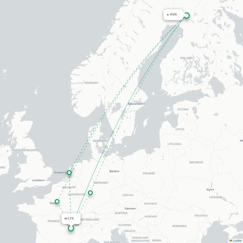 Mapa de vuelo directo Lyon - Rovaniemi