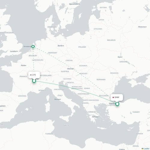 Mapa de vuelo directo Lyon - Estambul