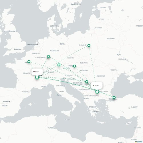 Mapa de vuelo directo Lyon - Sofía