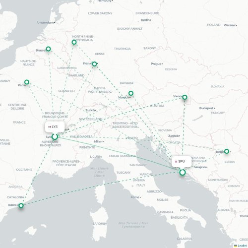 Mapa lotu bezpośredniego Lyon – Split