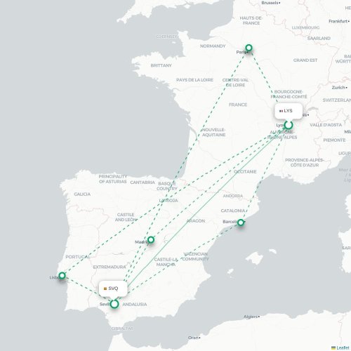 Mapa lotu bezpośredniego Lyon – Sewilla