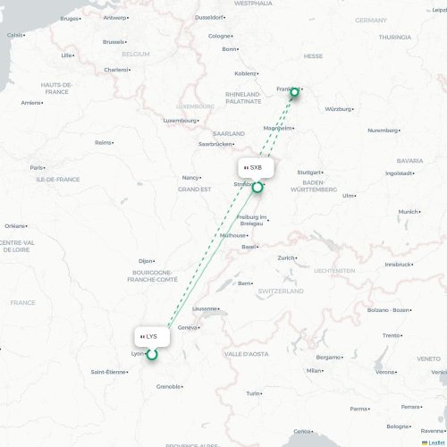 Mapa de vuelo directo Lyon - Estrasburgo