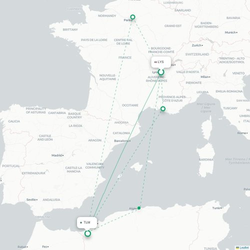 Mapa de vuelo directo Lyon - Tremecén