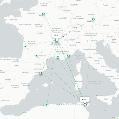 Mapa lotu bezpośredniego Lyon – Tunis