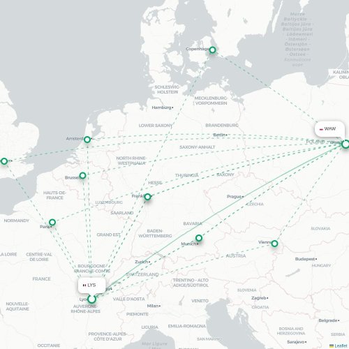 Mapa lotu bezpośredniego Lyon – Warszawa