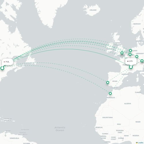 Lyon - Montréal carte du vol direct