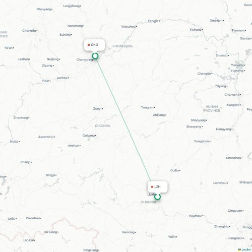 Mapa de vuelo directo Liuzhou - Chongqing