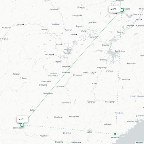 Mapa lotu bezpośredniego Liuzhou – Hefei