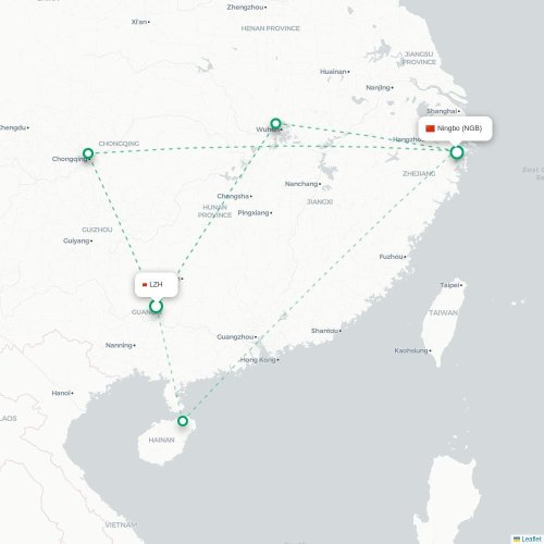 Mapa de vuelo directo Liuzhou - Ningbo
