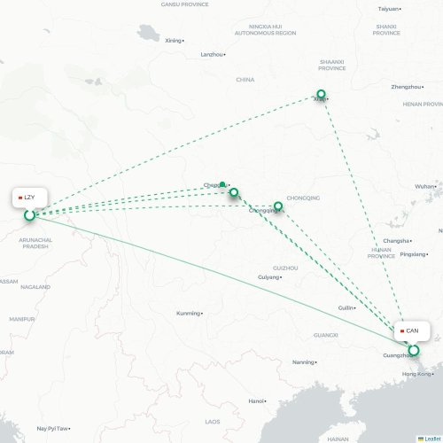 Mapa lotu bezpośredniego Nyingchi – Kanton