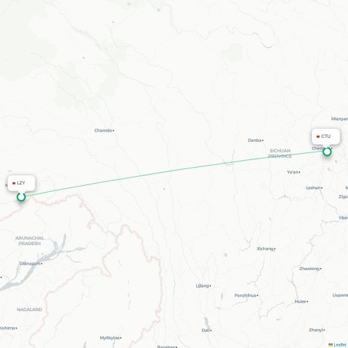 Mapa lotu bezpośredniego Nyingchi – Chengdu