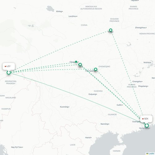 Mapa lotu bezpośredniego Nyingchi – Shenzhen