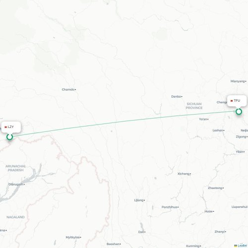 Mapa lotu bezpośredniego Nyingchi – Chengdu