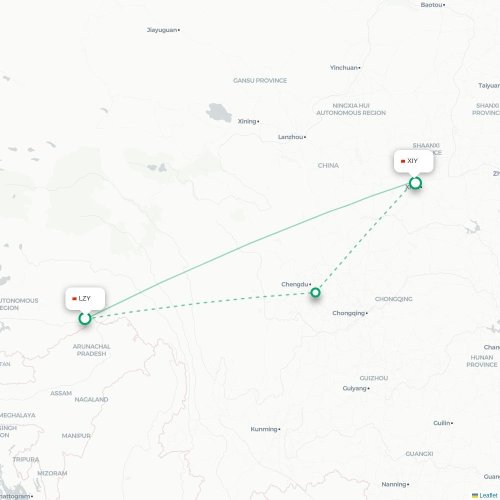 Mapa lotu bezpośredniego Nyingchi – Xi'an