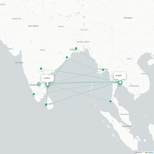 Chennai – Bangkok suoran lennon kartta