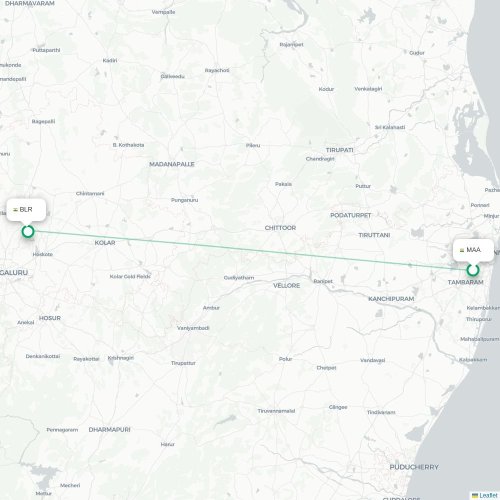 Chennai – Bangalore suoran lennon kartta