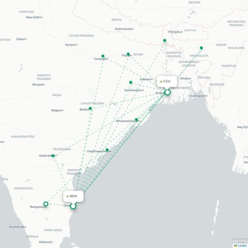 Chennai – Kalkutta suoran lennon kartta