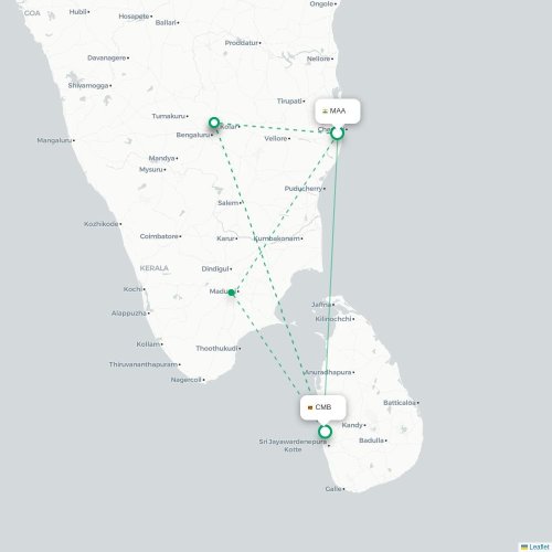 Mapa de vuelo directo Madrás - Colombo