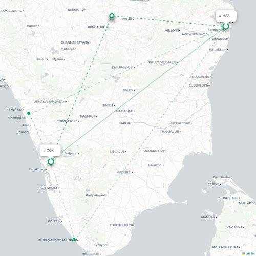 Chennai – Kochi suoran lennon kartta