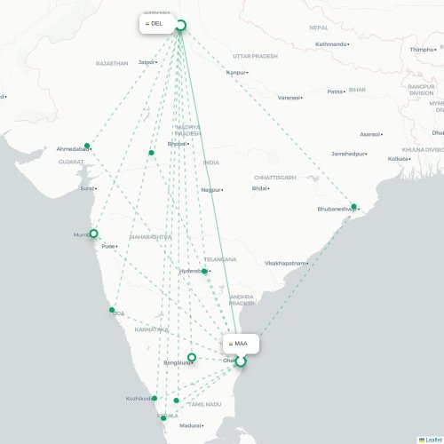 Chennai – New Delhi suoran lennon kartta