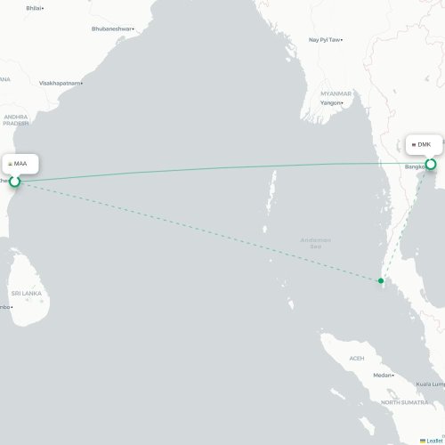 Chennai – Bangkok suoran lennon kartta