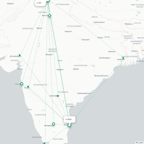 Mapa de vuelo directo Madrás - Chandigarh