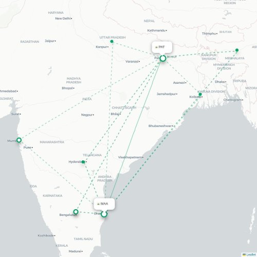 Chennai – Patna suoran lennon kartta