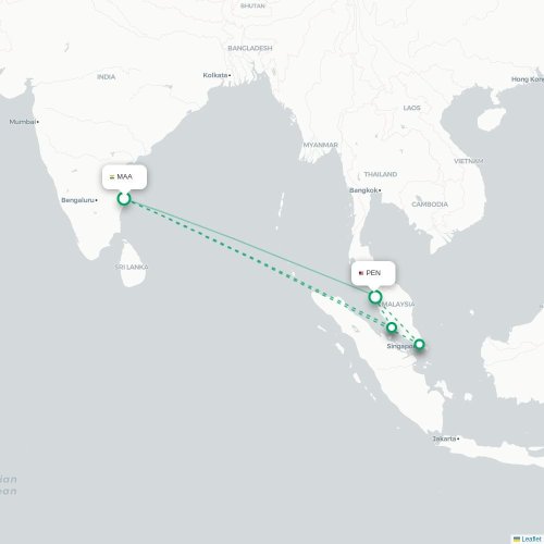 Mapa de vuelo directo Madrás - Penang