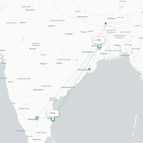 Mapa de vuelo directo Madrás - Durgapur