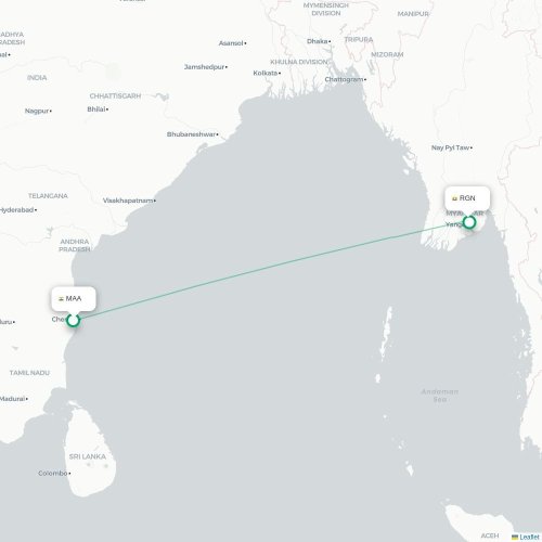 Chennai – Yangon suoran lennon kartta