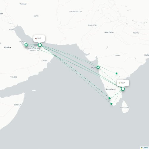 Mapa de vuelo directo Madrás - Sharjah
