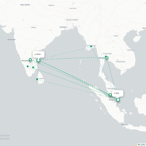 Mapa lotu bezpośredniego Madras – Singapur