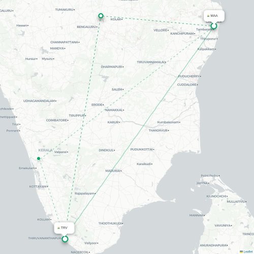 Mapa lotu bezpośredniego Madras – Trivandrum