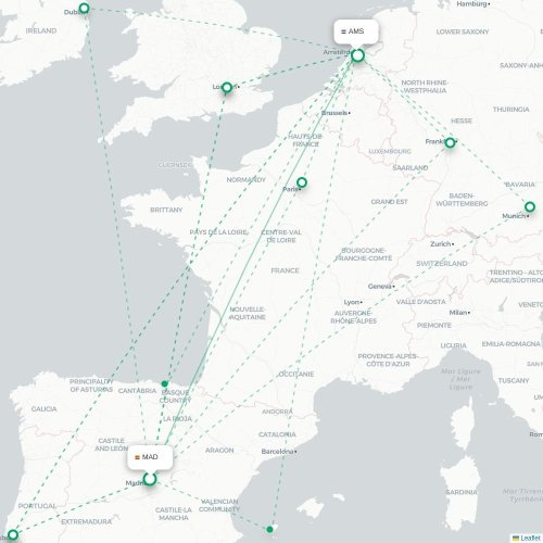 Madrid - Amsterdam kaart van rechtstreekse vlucht