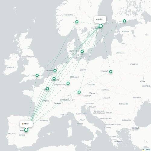 Mapa lotu bezpośredniego Madryt – Sztokholm