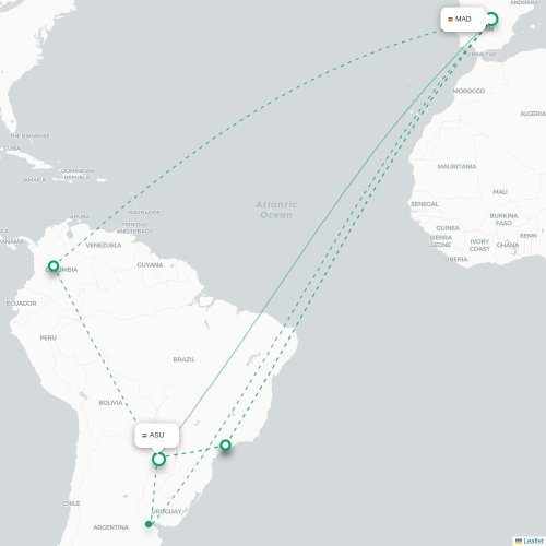 Mapa lotu bezpośredniego Madryt – Asunción