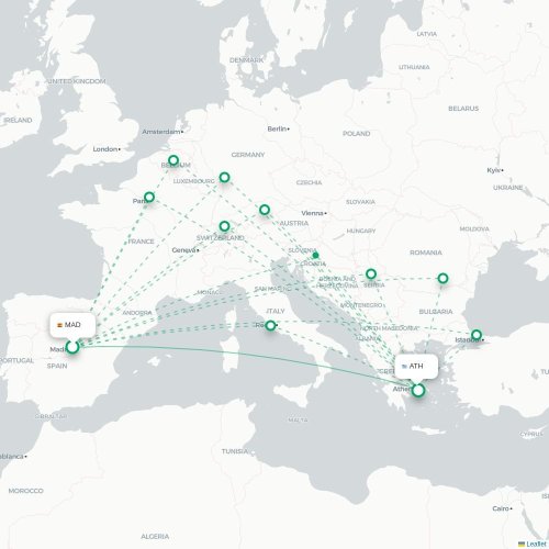 Mapa de vuelo directo Madrid - Atenas
