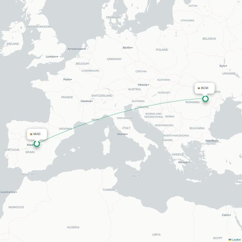 Madrid - Bacău kort over direkte fly