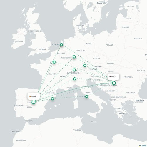 Mapa de vuelo directo Madrid - Belgrado
