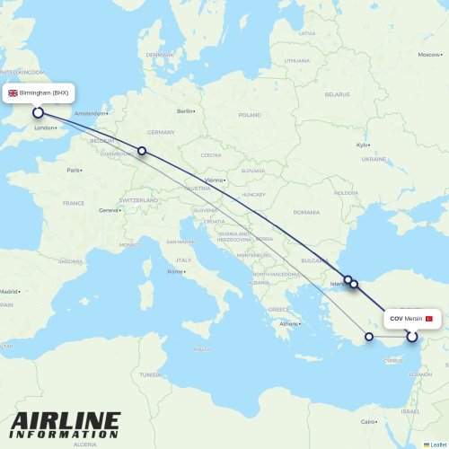 Mapa de vuelo directo Madrid - Birmingham