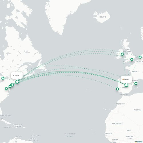 Mapa de vuelo directo Madrid - Boston