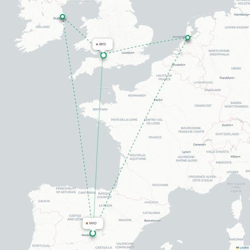 Mapa de vuelo directo Madrid - Brístol
