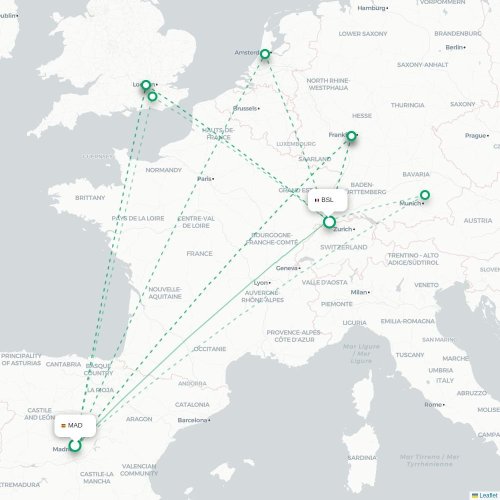 Mapa de vuelo directo Madrid - Basilea, Suiza