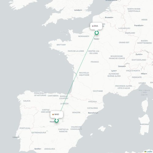 Mapa de vuelo directo Madrid - París
