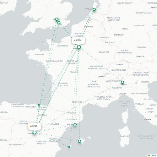 Mapa de vuelo directo Madrid - París