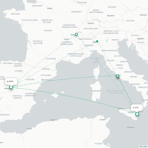 Madrid - Catania kort over direkte fly