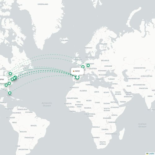 Mapa de vuelo directo Madrid - Dallas