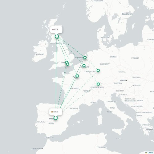 Mapa de vuelo directo Madrid - Edimburgo