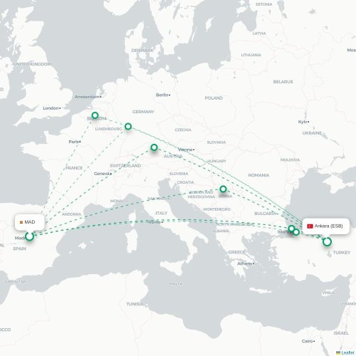 Mapa de vuelo directo Madrid - Angora
